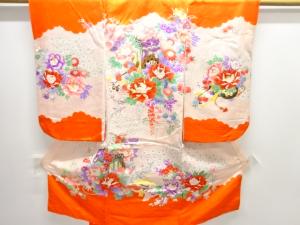 アンティーク　御所車に花模様刺繍着物(内袖・長襦袢付き)